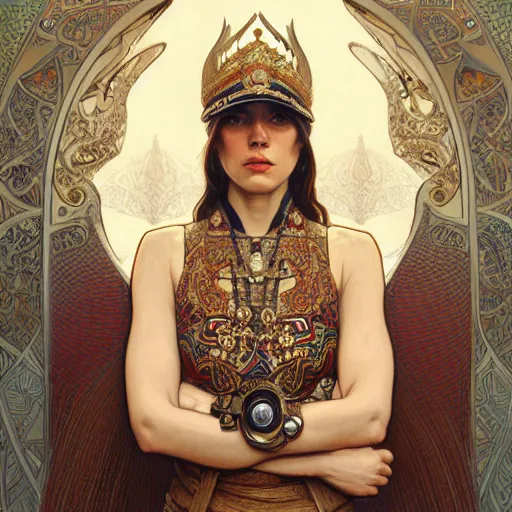 Image similar to a portrait of a female cop, upper half portrait, decorated with russian motifs, russian shaman, siberia, traditional russia, intricate, elegant, highly detailed, symmetry, headpiece, digital painting, artstation concept art smooth sharp focus, illustration, art by artgerm and greg rutkowski alphonse mucha 8 k