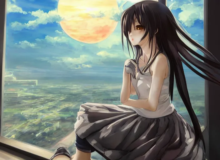 Image similar to anime girl in skirt looking out the window at megopolois and sunset, dynamic composition, motion, ultra-detailed, incredibly detailed, a lot of details, amazing fine details and brush strokes, colorful and grayish palette, smooth, HD semirealistic anime CG concept art digital painting, watercolor oil painting of Clean and detailed post-cyberpunk sci-fi close-up schoolgirl in asian city in style of cytus and deemo, blue flame, relaxing, calm and mysterious vibes,, by a Chinese artist at ArtStation, by Huang Guangjian, Fenghua Zhong, Ruan Jia, Xin Jin and Wei Chang. Realistic artwork of a Chinese videogame, gradients, gentle an harmonic grayish colors. set in half-life 2, Matrix, GITS, Blade Runner, Neotokyo Source, Syndicate(2012), dynamic composition, beautiful with eerie vibes, very inspirational, very stylish, with gradients, surrealistic, dystopia, postapocalyptic vibes, depth of field, mist, rich cinematic atmosphere, perfect digital art, mystical journey in strange world