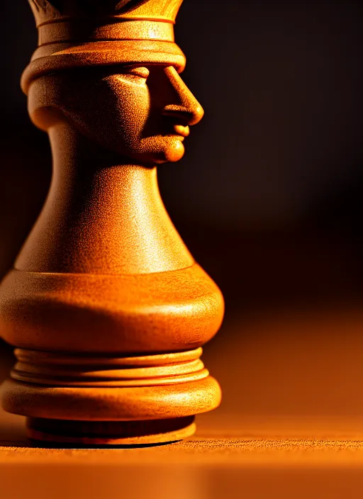 Image similar to ( queen chess piece chiseled from oak, sharp focus, photorealism, soft diffuse autumn lights, some sun light ray, dark room wall, canon 5 d 5 0 mm lens