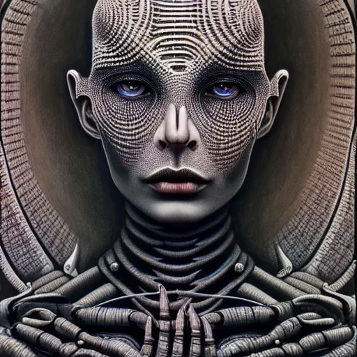 Image similar to ultra realist intricate painting of gothic female alien, curvy, black scales on face and cyborg tech, dystopian surrealism, symmetry accurate features, very intricate details, focus, high resolution, 4k, photo realistic, artstyle Alex Ries and Zdzisław Beksiński, award winning