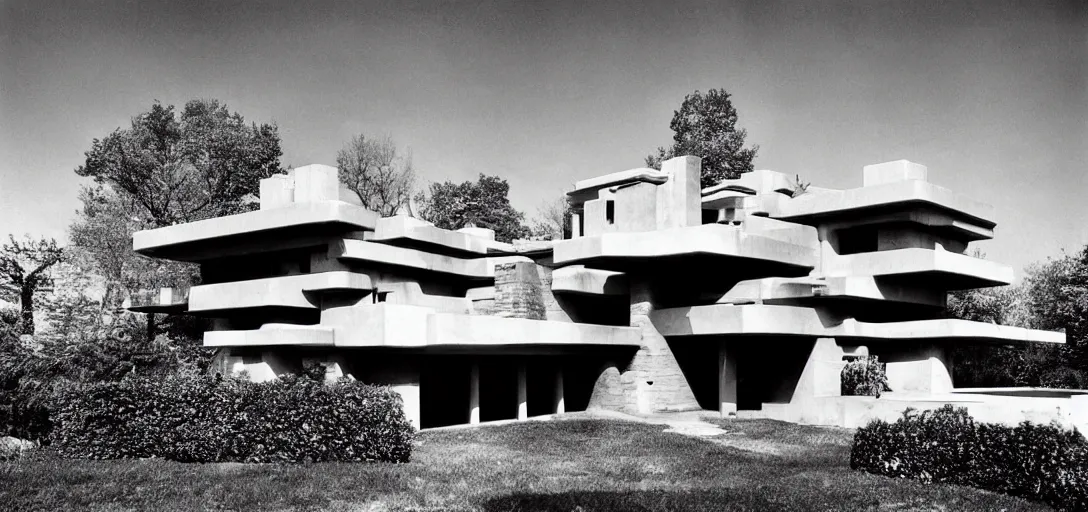 Image similar to dystopian house by frank lloyd wright. photograph by helmut newton.