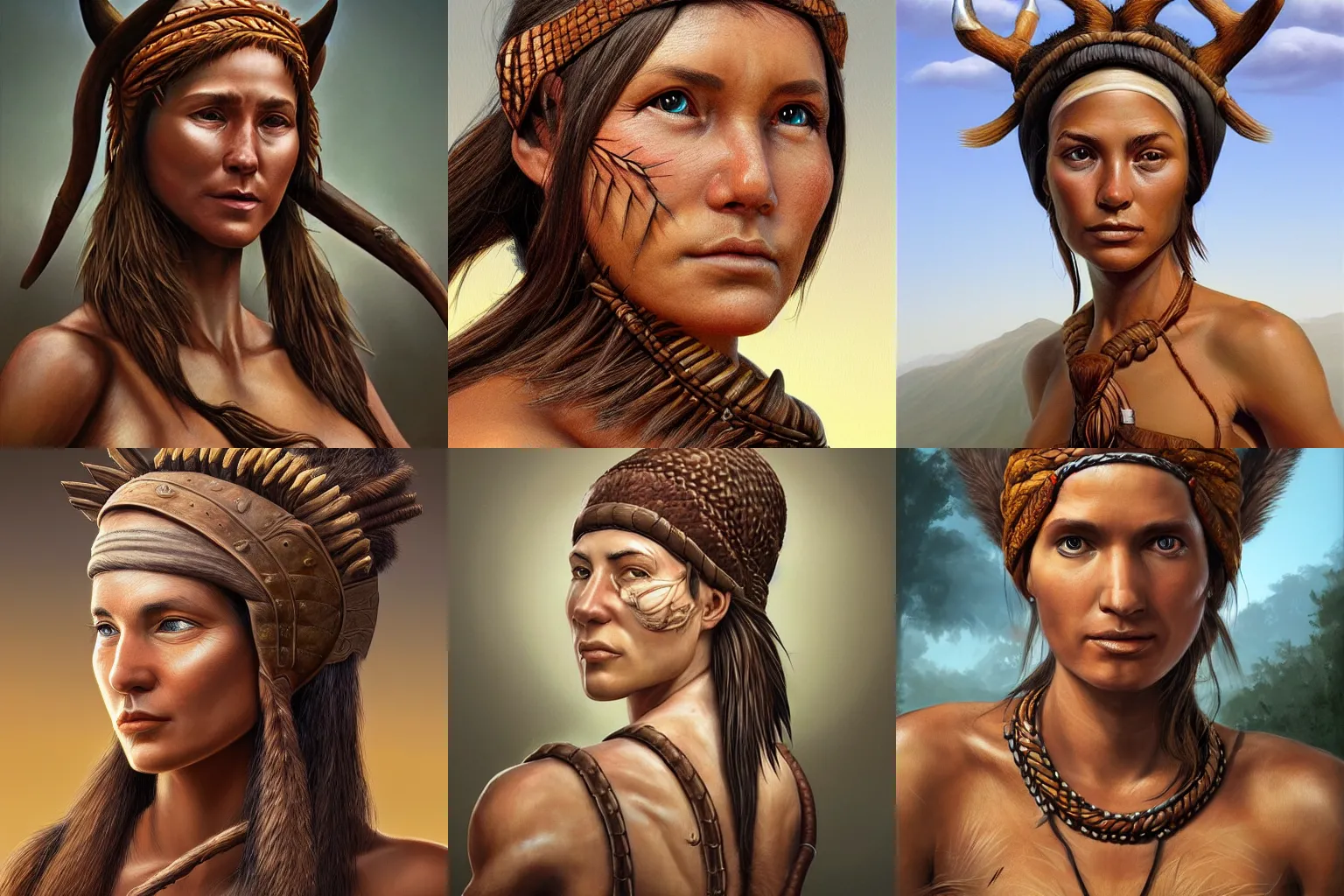 Prompt: closeup upper body artwork of a female hunter-gatherer, wearing a boar tusk headband, incredibly detailed, D&D, finished concept art, digital art by Vladimir Kush, trending on Artstation