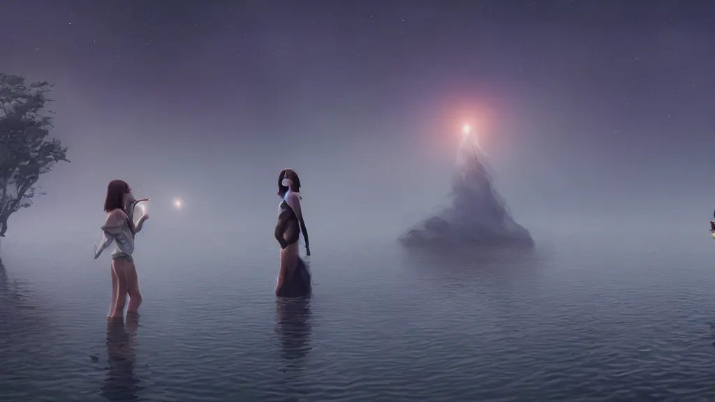 Prompt: whimsical, beautiful playful women, wearing professional makeup, standing in a lake, blowing smoke, under the stars, with a binary black hole with a ring in the sky, by Studio Ghibli, by Greg Rutkowski, by Steve Argyle, face enhance, volumetric lighting, 4k resolution, octane render, trending on artstation