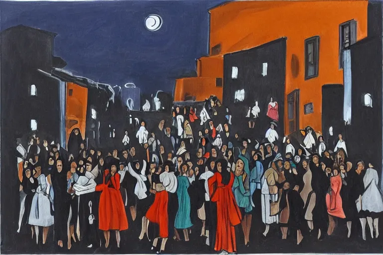 Image similar to woman movement, lisbon city at night, art in the style of paula rego