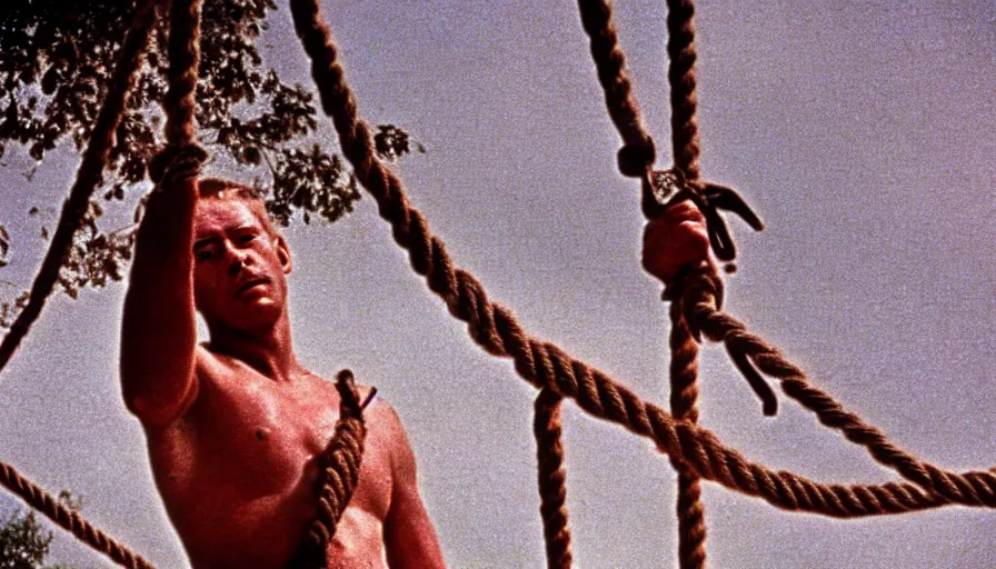 Image similar to 1 9 6 0 s movie still close - up of marcus atilius regulus tied with ropes at a pole with his wide open eyes looking at the burning sun, bleeding, cinestill 8 0 0 t 3 5 mm eastmancolor, high quality, heavy grain, high detail, texture, dramatic light, anamorphic, hyperrealistic, detailed hair