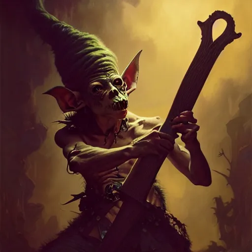 Image similar to portrait painting of a punk goblin bard with an axe, ultra realistic, concept art, intricate details, eerie, highly detailed, photorealistic, octane render, 8 k, unreal engine. art by artgerm and greg rutkowski and charlie bowater and magali villeneuve and alphonse mucha