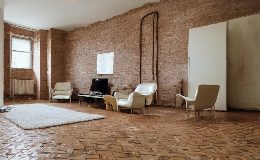 Image similar to living room interior, old beige walls, brown tiled floor, one wall with bricks, white plastic garden chairs, ashtray, stained beige deep pile rug, 1990s oak wood furniture