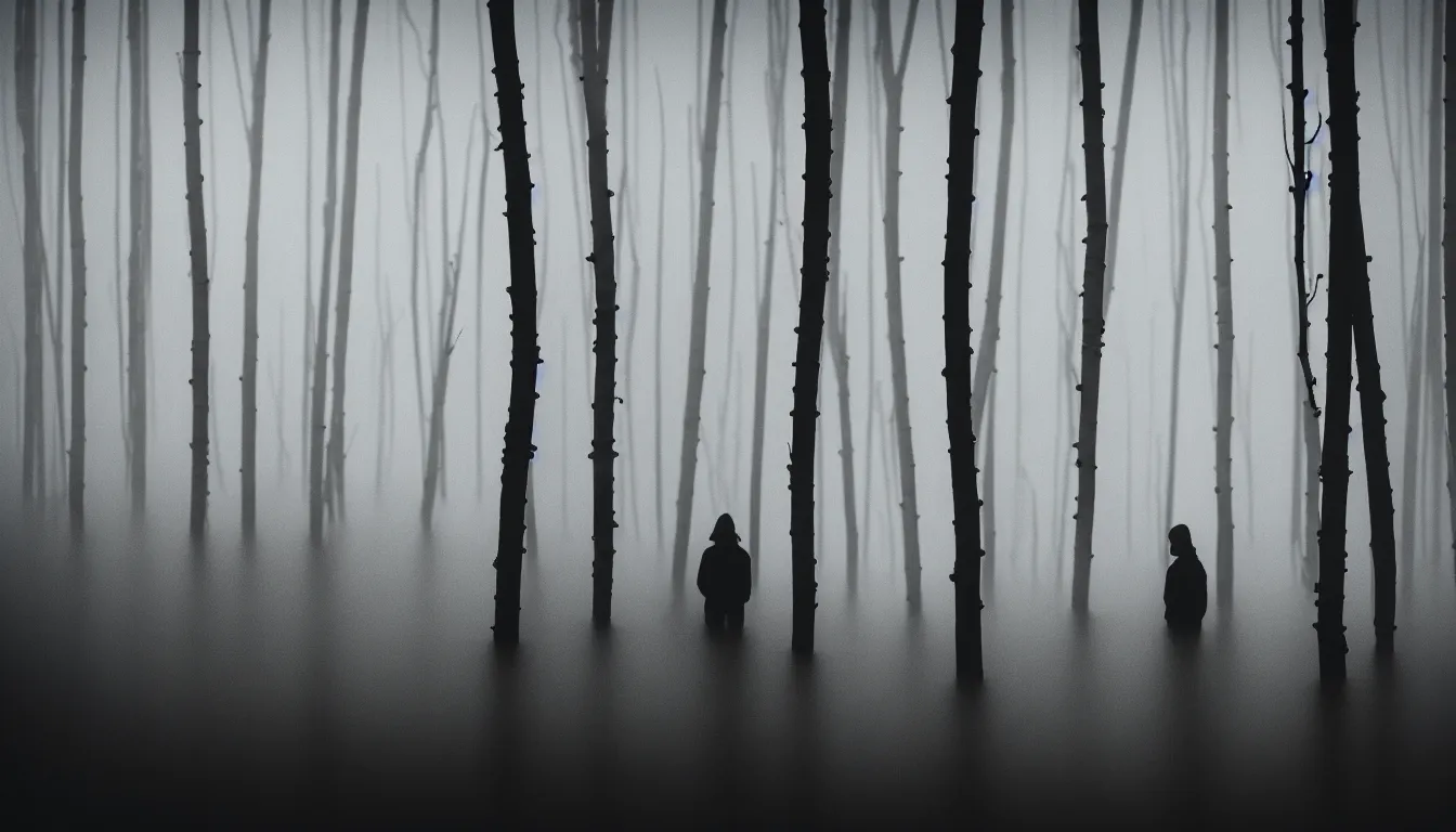 Prompt: silhouette of a person inspecting flood foggy thin birch swamp, scary, dark, atmospheric, ambient vibe, very detailed, 8 k