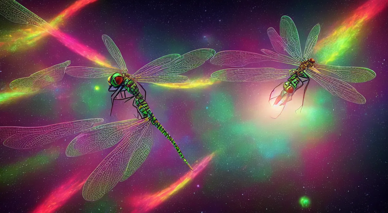 Prompt: a render a dragonfly flying through an astroid field, 8 k resolution, 4 k resolution, unreal engine render, octane render, alex grey, beeple, bang sangho, tomokazu matsuyama, unreal engine, high resolution render, featured on artstation, octane, 8 k, highly intricate details, vivid colors, vector illustration