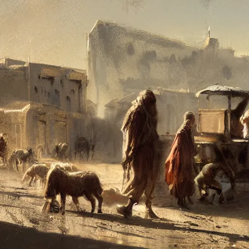 Prompt: pastel on canvas of Mary and Joseph being turned away from an inn at night, pack animals in the background, crowded city streets, ancient setting, looming desert walls, by Jeremy Mann, earthy tones, serious, anxiety, realistic, stylized, detailed, loose brush strokes