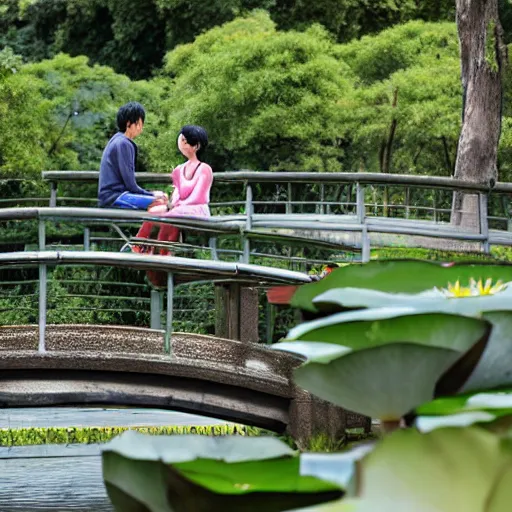 Prompt: a couple sitting on the bridge close to the river with a lot of water lily made by studio ghibli