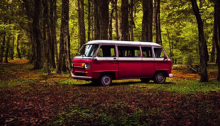 Prompt: Scooby van in a scary forest, 4k photography award winning,