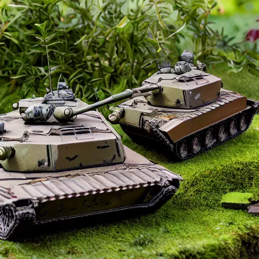 Image similar to 1/35 scale model of Tiger tanks sieging a group of guinea pigs in a garden, 8k, award winning photo, scale model photography,