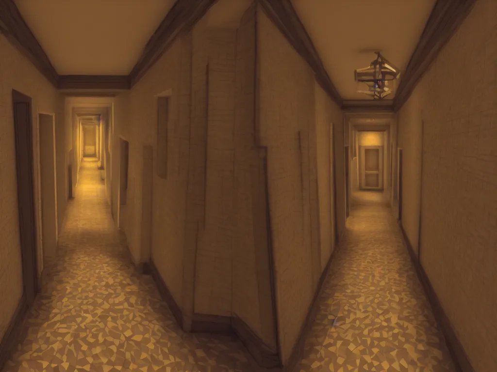 Prompt: The Shining Hotel corridor as a PS1 third person video game, low poly