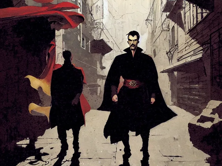 Prompt: dr strange in an alley by mead schaeffer