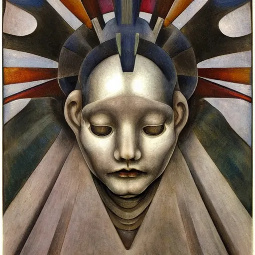 Prompt: weeping robot wearing the bone crown, by Annie Swynnerton and Diego Rivera and Evelyn De Morgan, symbolist, dramatic lighting, elaborate geometric ornament, Art Brut ,god rays, soft cool colors,smooth, sharp focus, extremely detailed, Adolf Wölfli