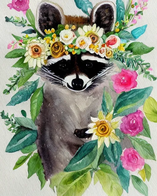 Prompt: a painting of a raccoon wearing a flower crown, a watercolor painting by annabel kidston, a storybook illustration, trending on pinterest, rococo, made of flowers, watercolor, whimsical, white paper