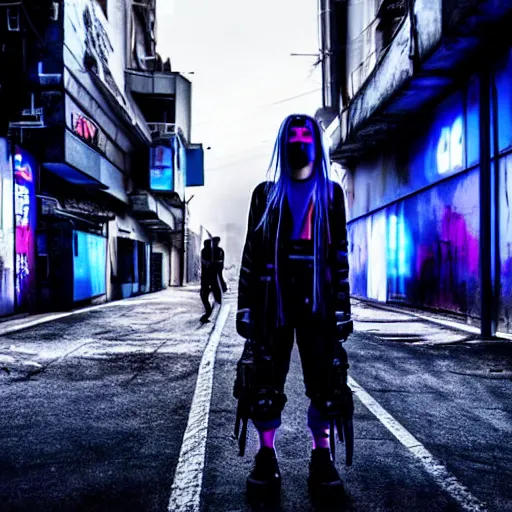 Image similar to billie elish in a cyberpunk street, movie still, photorealistic, photography, cine still, 8 k, imax picture, dramatic lighting, volumetric lighting, shallow depth of field