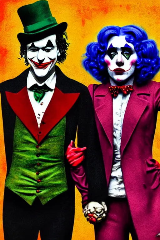 Image similar to ilya yefimovich repin and mimmo rottela and banksy as joaquin phoenix skinny joker, holding hand, lady gaga harley queen, ultra photorealistic, intricate details, pop art style, concept art, confident posse, random object details, 3 colours, warm color, 4 k, ultra smooth, sharp focus