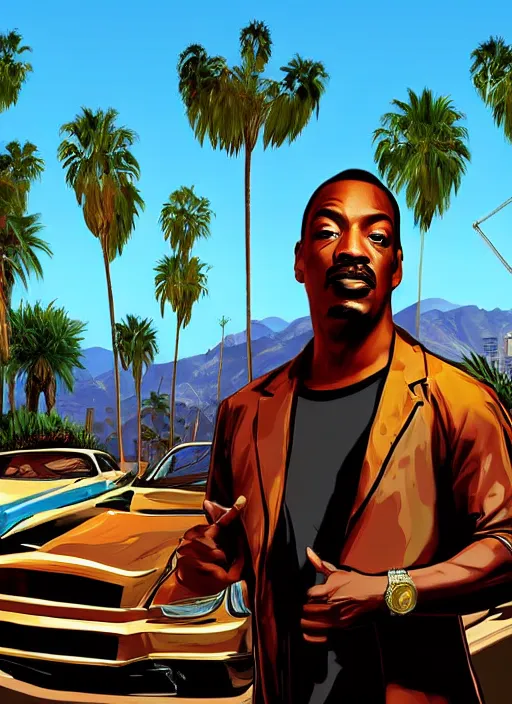 Image similar to eddie murphy gta v los santos in background, palm trees. in the art style of stephen bliss.