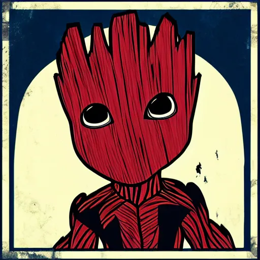 Image similar to baby groot and random japanese color with red and black colors as pop smoke album cover