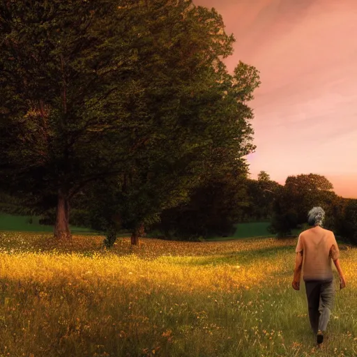 Prompt: realistic portrait of rick sanchez, walking in a field. france, dordogne, hills, ultra high, face to camera, detail, 8 k, sunset, flowers, trees, river, hills octane render.