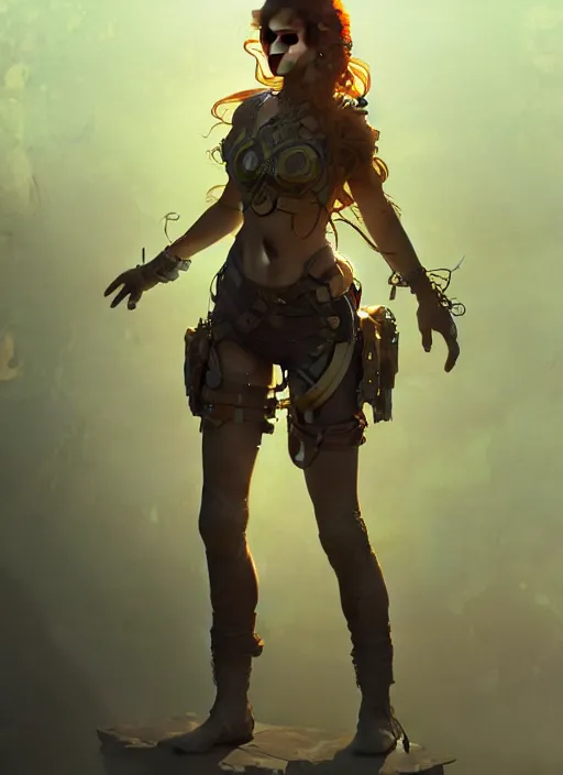 Image similar to portrait of a full body of beautiful young female solarpunk adventurer, fantasy, flat lighting, intricate, highly detailed, digital painting, artstation, concept art, smooth, sharp focus, illustration, art by simon bisley and greg rutkowski and alphonse mucha, natural tpose