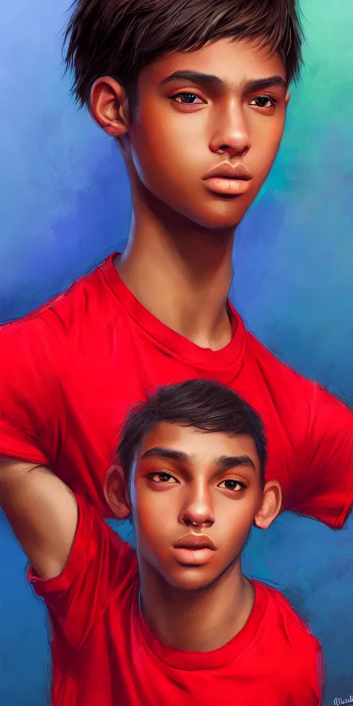 Image similar to colorful and festive captivating teenager with straight brown hair covering his eye, dark skin, big lips, big eyes, wearing a red t - shirt. rich vivid colors, ambient lighting, dynamic lighting, 4 k, atmospheric lighting, painted, intricate, highly detailed by charlie bowater