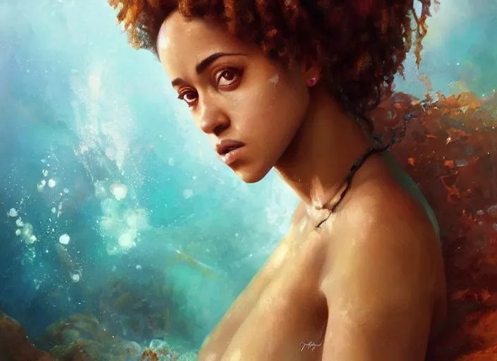 Prompt: A portrait of Nathalie Emmanuel as a mermaid by Ruan Jia and Mandy Jurgens and Artgerm and william-adolphe bouguerea, highly detailed, trending on artstation, award winning