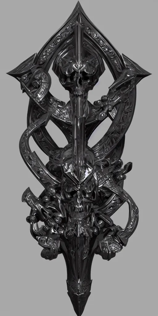 Image similar to a black and silver sword skull crest, ornament, weapon, a 3 d render by dom qwe, trending on polycount, artstation, hard surface modeling, zbrush, symmetry