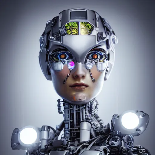 Prompt: beautiful centered fine art photo portrait of romantic beautiful girl with solarpunk mecha humanoid mechanical parts with led lights, pudica pose, photorealistic, white background, highly detailed and intricate, soft box lighting, hdr 8 k
