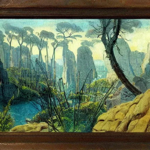 Image similar to painting of a lush natural scene on an alien planet by hans rudolp giger. beautiful landscape. weird vegetation. cliffs and water.