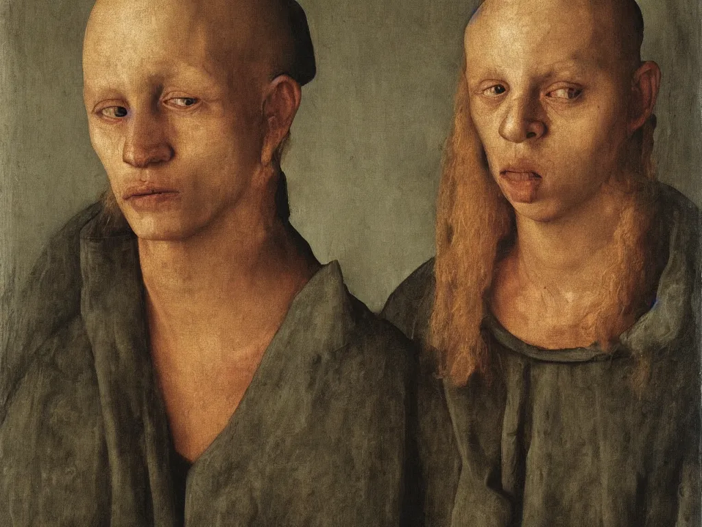 Image similar to portrait of a Meth addict. Painting by Jan van Eyck, August Sander.