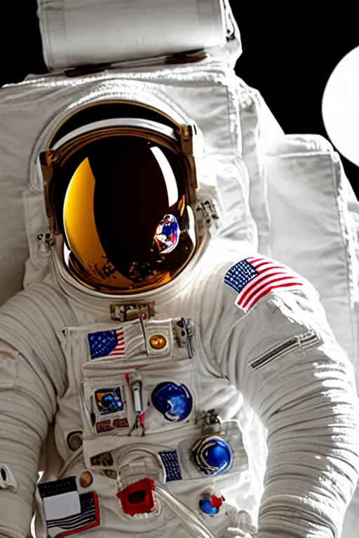 Prompt: extremely detailed studio portrait of space astronaut, holds an iphone in one hand, iphone held up to visor, reflection of iphone in visor, moon, extreme close shot, soft light, golden glow, award winning photo by nasa