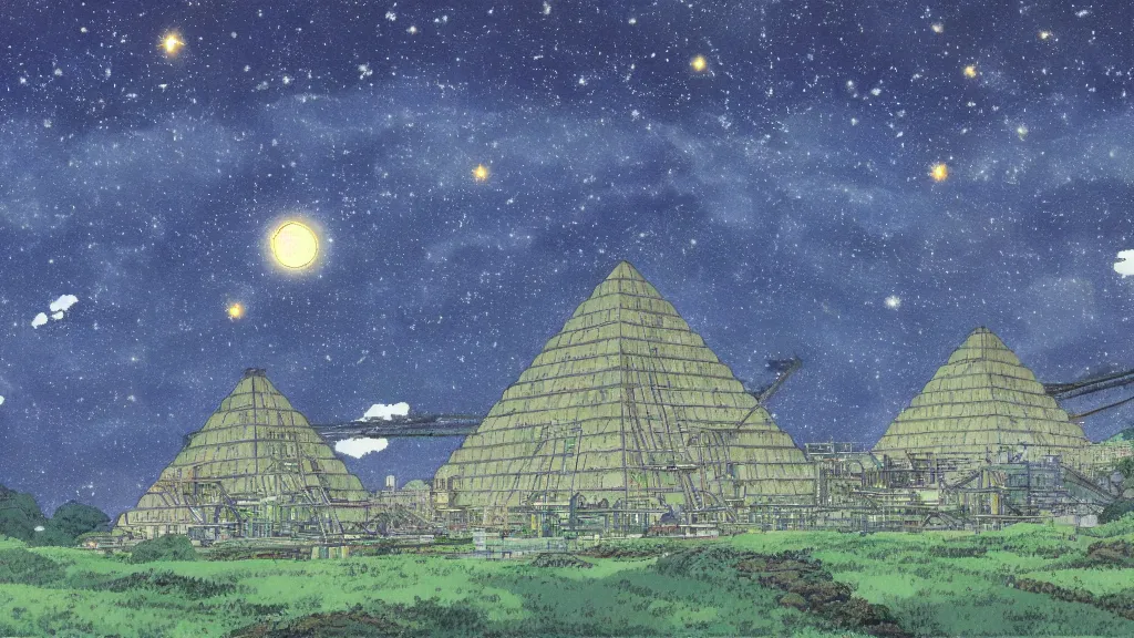 Image similar to a movie still from a studio ghibli film showing a huge industrial mining runoff storage facility and a pyramid under construction in the background, in the rainforest on a misty and starry night. by studio ghibli