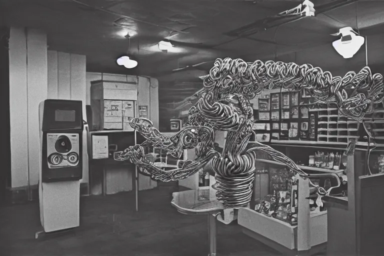 Prompt: large metallic skull attached to an infinitely long, coiled power cable, stoic and calm, inside of an unlit 1970s convenience store, ektachrome photograph, volumetric lighting, f8 aperture, cinematic Eastman 5384 film