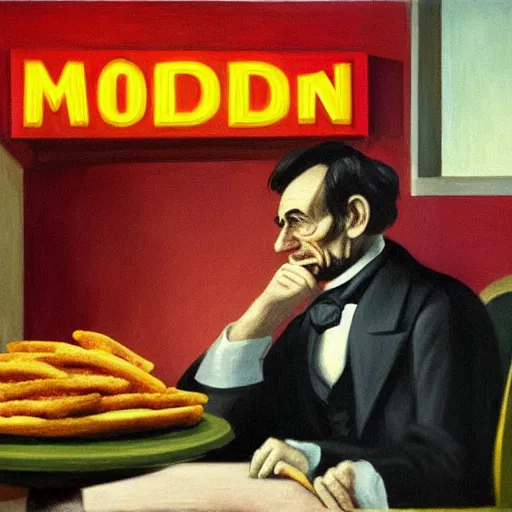 Prompt: Abraham Lincoln at Mc Donalds by Edward Hopper