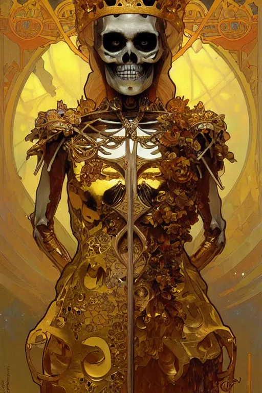 Prompt: A skeleton wearing golden mask, fantasy, crown, painting by greg rutkowski and alphonse mucha