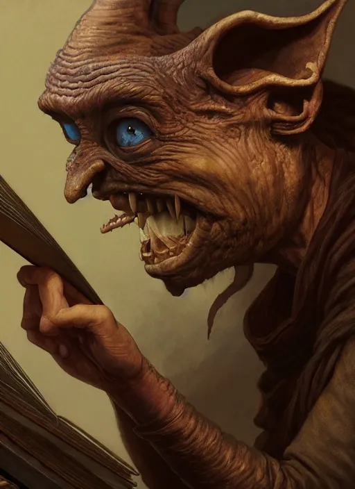 Image similar to highly detailed closeup portrait of a medieval goblin reading a spellbook, stephen bliss, unreal engine, greg rutkowski, ilya kuvshinov, ross draws, hyung tae and frank frazetta, tom bagshaw, tom whalen, nicoletta ceccoli, mark ryden, earl norem, global illumination, god rays, detailed and intricate environment