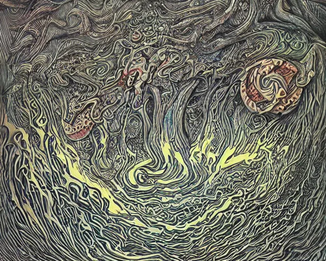 Image similar to sharpen trippy acid lakes, by Aaron Horkey