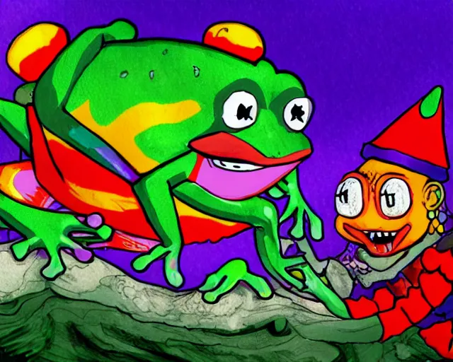 Image similar to Clown Frog King looks down from the clown castle at a furious battle below, king pepe with rainbow wig, in the style of Berserk, clown frog battle