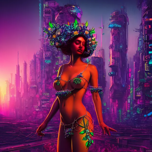 Image similar to Beautiful 3d render of the flower queen goddess in a sensual pose, in the style of Dan Mumford, with a crowded futuristic cyberpunk city in the background, astrophotgraphy