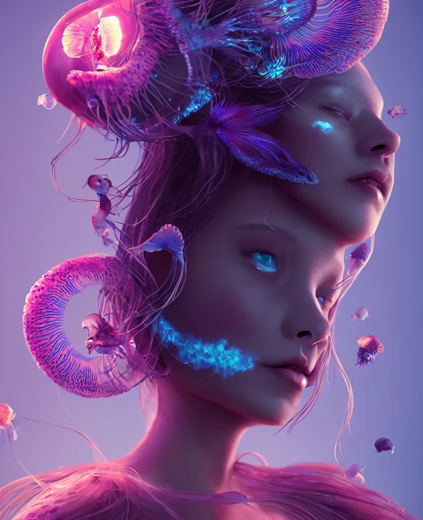 Image similar to goddess close-up portrait. jellyfish phoenix head, nautilus, orchid, skull, betta fish, bioluminiscent creatures, intricate artwork by Tooth Wu and wlop and beeple. octane render, trending on artstation, greg rutkowski very coherent symmetrical artwork. cinematic, hyper realism, high detail, octane render, 8k