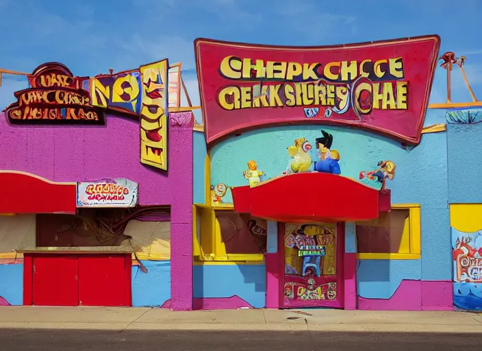 Image similar to the outside of the building for a circus themed Chuck E. Cheese’s play place. It’s permanently shut down, abandoned, Wisconsin, out of business Chuck E. Cheese building, got shut down because the mascot scared kids