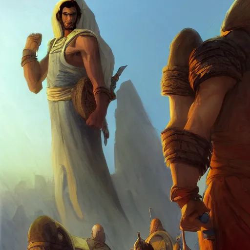 Prompt: 17 year old middle eastern skinned boy standing strong. Goliath, the Giant man stands behind. Cinematic, epic by andreas rocha and john howe, and Martin Johnson