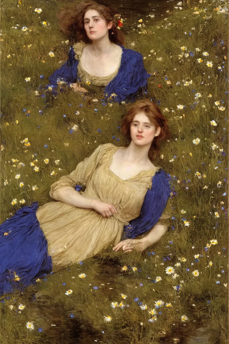Prompt: John Everett Millais. Close up Shot illustrious pale rich beautiful Woman horizontal flat in a very blue dark shallow stream with open mouth picking flowers. Stream flowing from left to right. She is in the lower third of the picture. Golden brown dress with vibrant details, light dark very long hair. Poppies, daisies, pansies. Fine brush strokes. Nature.