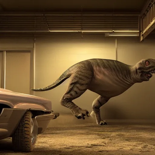 Prompt: t-rex hunting a cat in a garage, octane render, 3D, 8k, extremely detailed, accurate