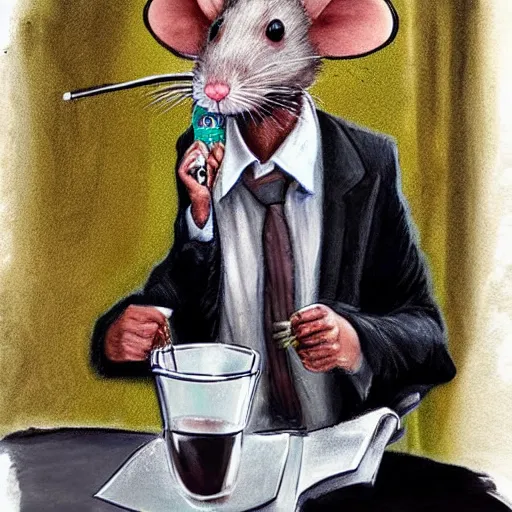Prompt: hyperrealistic rat in a suit smoking a cigarette after a long day of worm