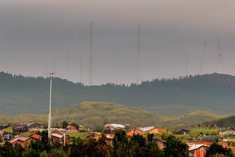 Image similar to looking down a road with warehouses on either side. hill background with radio tower on top. telephoto lens compression.