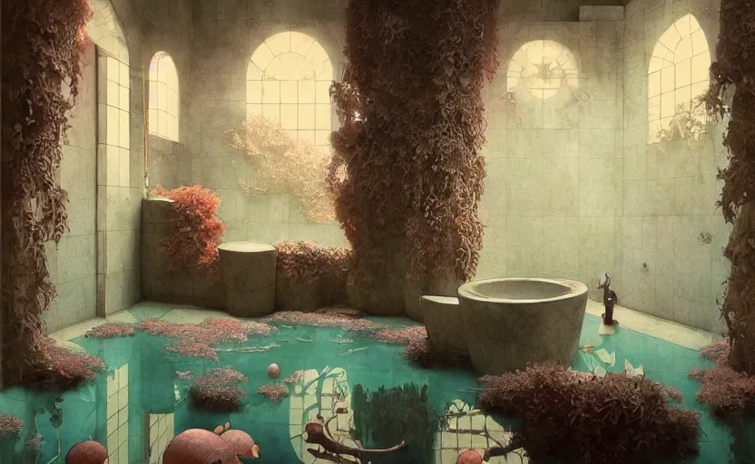 Image similar to bathroom, fantasy. intricate, amazing composition, colorful watercolor, by ruan jia, by maxfield parrish, by marc simonetti, by hikari shimoda, by robert hubert, by zhang kechun, illustration, gloomy